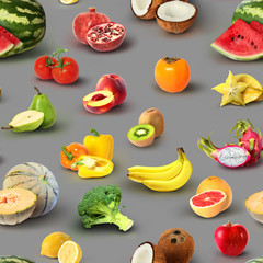 Seamless texture of different fruits on gray background.