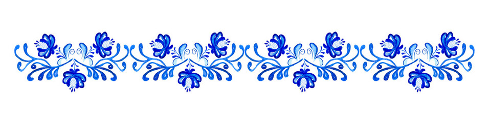 Watercolor seamless border with blue floral, flowers in folk gzhel style. Hand drawn decor for greeting, christmas, wedding, celebrate design  Elegant lace frame.  Russian ornaments. Folk art. Textile