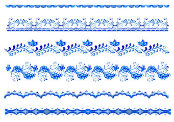 Watercolor seamless border with blue floral, flowers in folk gzhel style. Hand drawn decor for greeting, christmas, wedding, celebrate design  Elegant lace frame.  Russian ornaments. Folk art. Textile