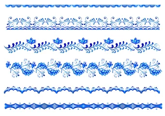 Watercolor seamless border with blue floral, flowers in folk gzhel style. Hand drawn decor for greeting, christmas, wedding, celebrate design  Elegant lace frame.  Russian ornaments. Folk art. Textile © Lyu