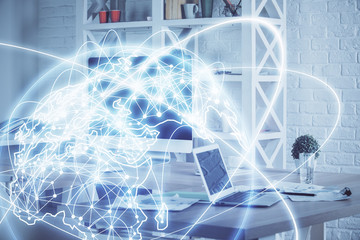 Multi exposure of business theme icons and table with computer background. Concept of success.