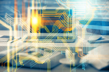 Multi exposure of table with computer and world map hologram. International data network concept.