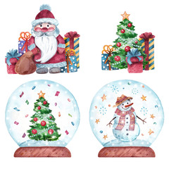 Watercolor set of a snow globes and compositions. New Year's illustration with Christmas tree, snowman and Santa for postcards, decor, print and other purposes. 