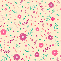 Seamless pattern with autumn flowers, leaves and berries.