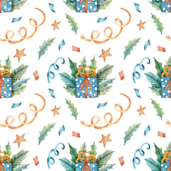 Christmas seamless pattern with gift boxes. Watercolor festive Christmas background for wrapping paper, design, fabrics, cards and other purposes. Hand drawn background with watercolor illustrations.