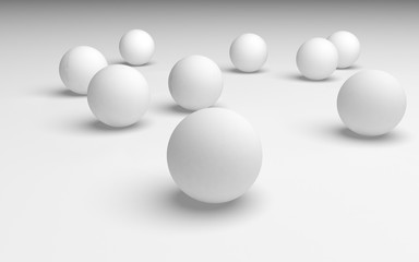 White abstract background. Set of white balls isolated on white backdrop. 3D illustration