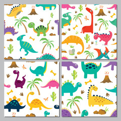 Set of cute dinosaur seamless patterns
