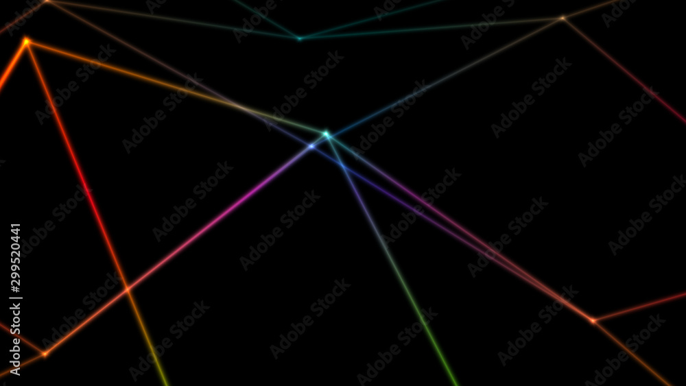 Poster computer abstraction, color lines broken at nodes on a dark background, 3d model