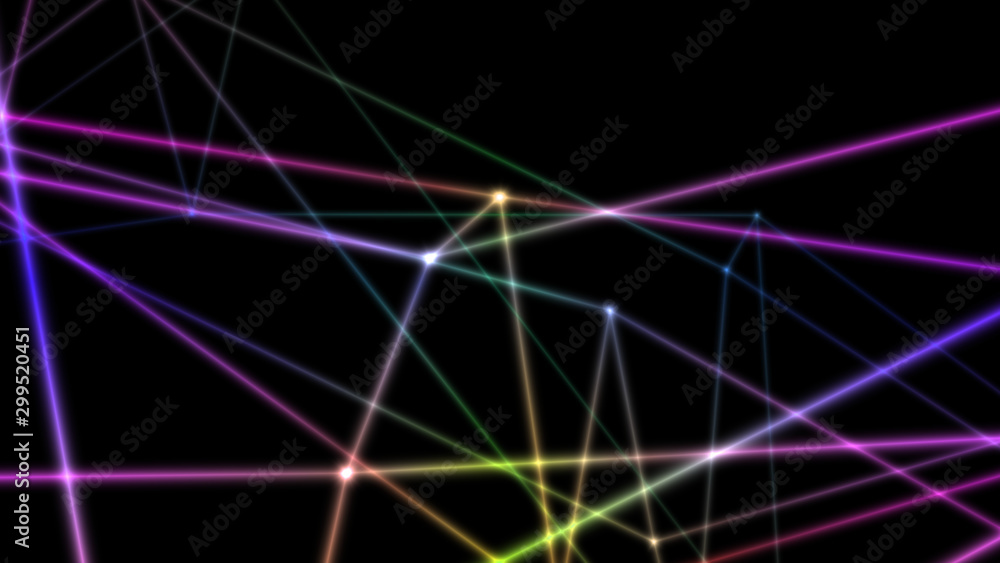 Poster computer abstraction, color lines broken at nodes on a dark background, 3d model