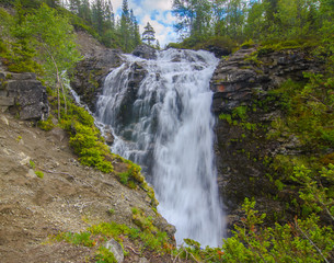 Waterfall on Risjok river in Khibiny Mountains, Kola Peninsula, Russia