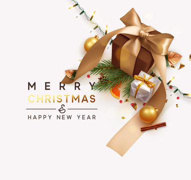 Merry Christmas and Happy New Year. Background with realistic festive gifts box. Xmas present. brown boxes with beige ribbon gift surprise, Golden Christmas baubles, balls, glitter gold confetti.