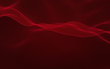 Abstract landscape on a red background. Cyberspace grid. hi tech network. 3D illustration