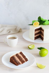 Slice of chocolate cake with a cup of coffee on a light table.