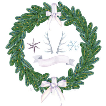 Merry Christmas winter wreath, white ribbon. Hand painted watercolor  illustration.Perfect for Christmas  invitations, Birthday invitations,Holiday print 