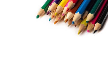 many color pencils isolated on white background. design layout. Blank space for text