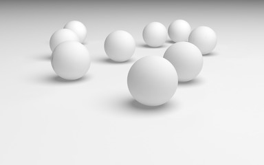 White abstract background. Set of white balls isolated on white backdrop. 3D illustration
