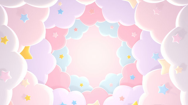 Pastel pink paper clouds and stars. 3d rendering picture.