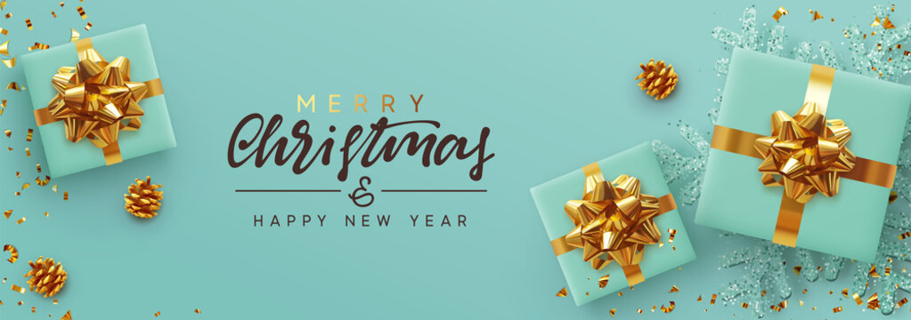 Christmas banner. Background Xmas design of realistic gifts box, blue snowflake and glitter gold confetti. Horizontal poster, greeting card, headers, website. Decoration objects flat lay, top view