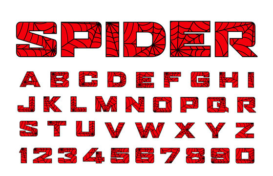 Spider font. Spiderman alphabet. Black letters on Red background. 