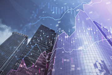Forex chart on cityscape with skyscrapers wallpaper multi exposure. Financial research concept.