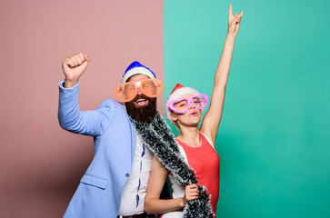 Christmas party office. Manager tinsel celebrate new year. Corporate holiday party ideas. Winter corporate party. Office christmas party. Happy man and woman wear santa hats and funny sunglasses