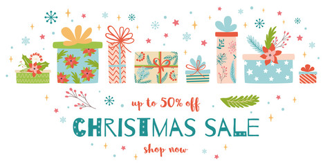 Christmas Sale banner Gift present boxes text Christmas Sale 50 off Discount banner Cute Gifts heap Vector stock