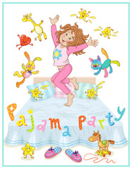 Pajama party.  Funny little girl in pajamas with her favorite toys jumping on the bed. In cartoon style. Isolated on white background.