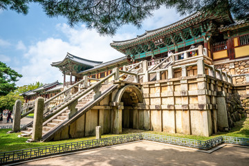 Fototapeta na wymiar Bulguksa temple entrance view with stairway to Jahamun gate in Gyeongju South Korea