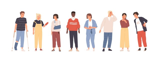 People with injuries and aches flat vector illustration set. Men and women suffering from pain cartoon character collection. Patients with medical conditions. First aid. Emergency medicine.