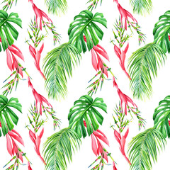 jungle plants, tropical seamless pattern, flowers, palm leaves on an isolated white background, watercolor painting