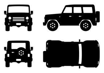 Off-road truck silhouette on white background. Vehicle icons set view from side, front, back, and top © Yuri Schmidt