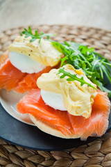Eggs Benedict with Smoked Salmon on English Muffin .