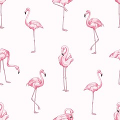 Pink flamingos vector seamless pattern. Beautiful tropical birds background. Bright zoo inhabitants texture. Exotic jungle fauna backdrop. Creative wallpaper, textile, wrapping paper design.
