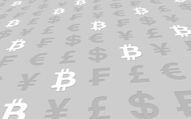 Bitcoin and currency on a gray background. Digital crypto currency symbol. Business concept. Market Display. 3D illustration