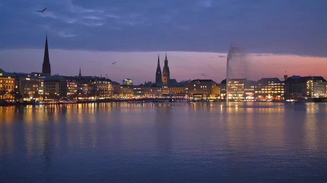 Hamburg, Germany. The Inner Alster Lake (German: Binnenalster) in the evening.