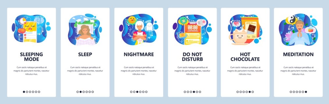 Mobile app onboarding screens. Sleeping mode, nightmare, do not disturb, hot chocolate drink, meditation. Vector banner template for website and mobile development. Web site design flat illustration