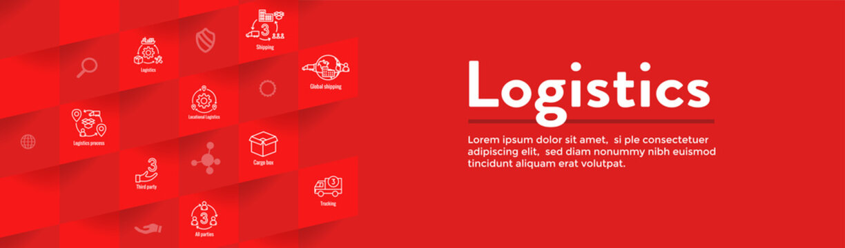 Logistics Icon Set And Web Header Banner With Buildings, Trucking, People And Shipping Box