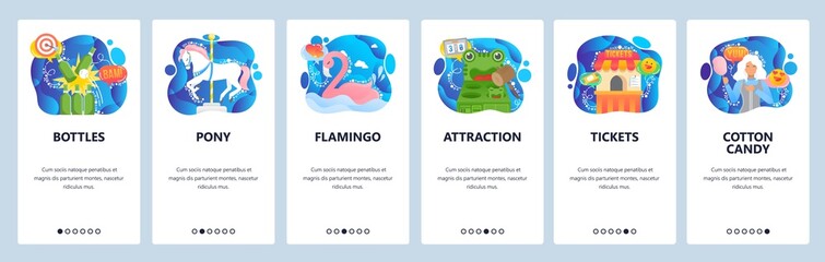 Mobile app onboarding screens. Amusement park games, ticket booth, cotton candy, pony rides. Menu vector banner template for website and mobile development. Web site design flat illustration