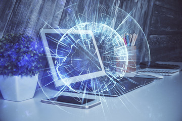 Multi exposure of business theme icons and table with computer background. Concept of success.