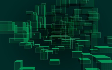 Green and dark abstract digital and technology background. The pattern with repeating rectangles. 3D illustration