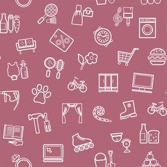 Shops, seamless pattern, monochrome, contour, purple, vector. Different product categories. A subtle, linear pattern. White icons on a purple field.  