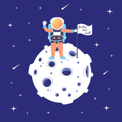 Astronaut stands on the moon with a flag. Landing on the satellite. Lunar mission. Space excursion. Star space. Vector