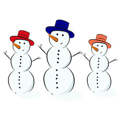 Snowmen from snow with hands from branches in hats. Funny snowmen with carrot spouts.