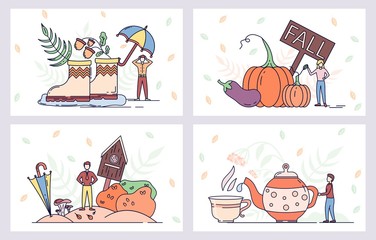 Autumn season vector posters. Farm and harvest vegetables. Rain boots and umbrella. Hot tea pot