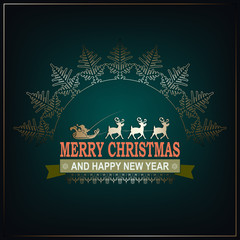 Christmas dark green illustration with Santa Claus in a sleigh rides on deer