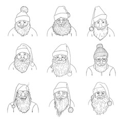 Vector Set of Outline Santa Claus Characters.