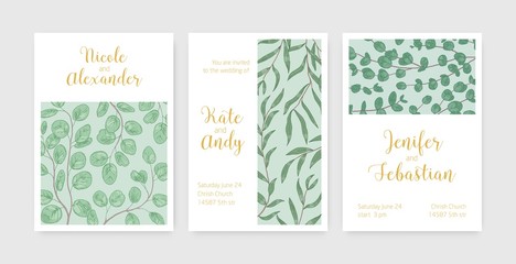 Wedding floral invitation vector templates set. Eucalyptus branches on save date cards, festive postcards designs pack. Marriage party invitation. Tree twigs illustrations with typography.