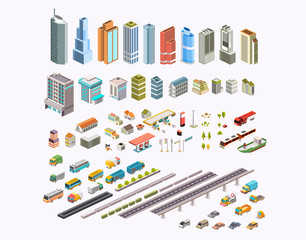 set isometric city building, transportation, houses and public area vector illustration - obrazy, fototapety, plakaty