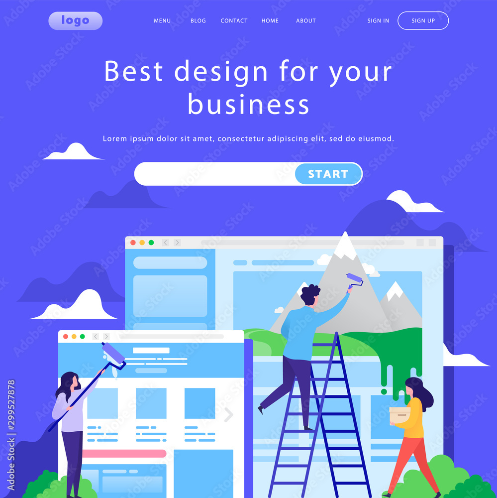 Poster vector web site design template. business team building corporate site landing page. search bar. con