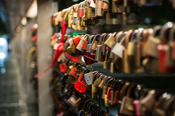 Love locks Butcher’s Bridge low angle at night. Lock your eternal love in Ljubljana, Slovenia